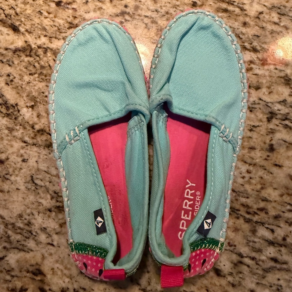 Sperry Kids Top Sider Aqua Canvas Slip-Ons with Pink Insole and Polka-Dot Heel